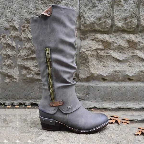 Kirsten - Vintage Knee-High Boots with Zipper Pocket and Rivet Chunky Heel