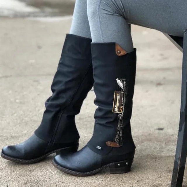 Kirsten - Vintage Knee-High Boots with Zipper Pocket and Rivet Chunky Heel