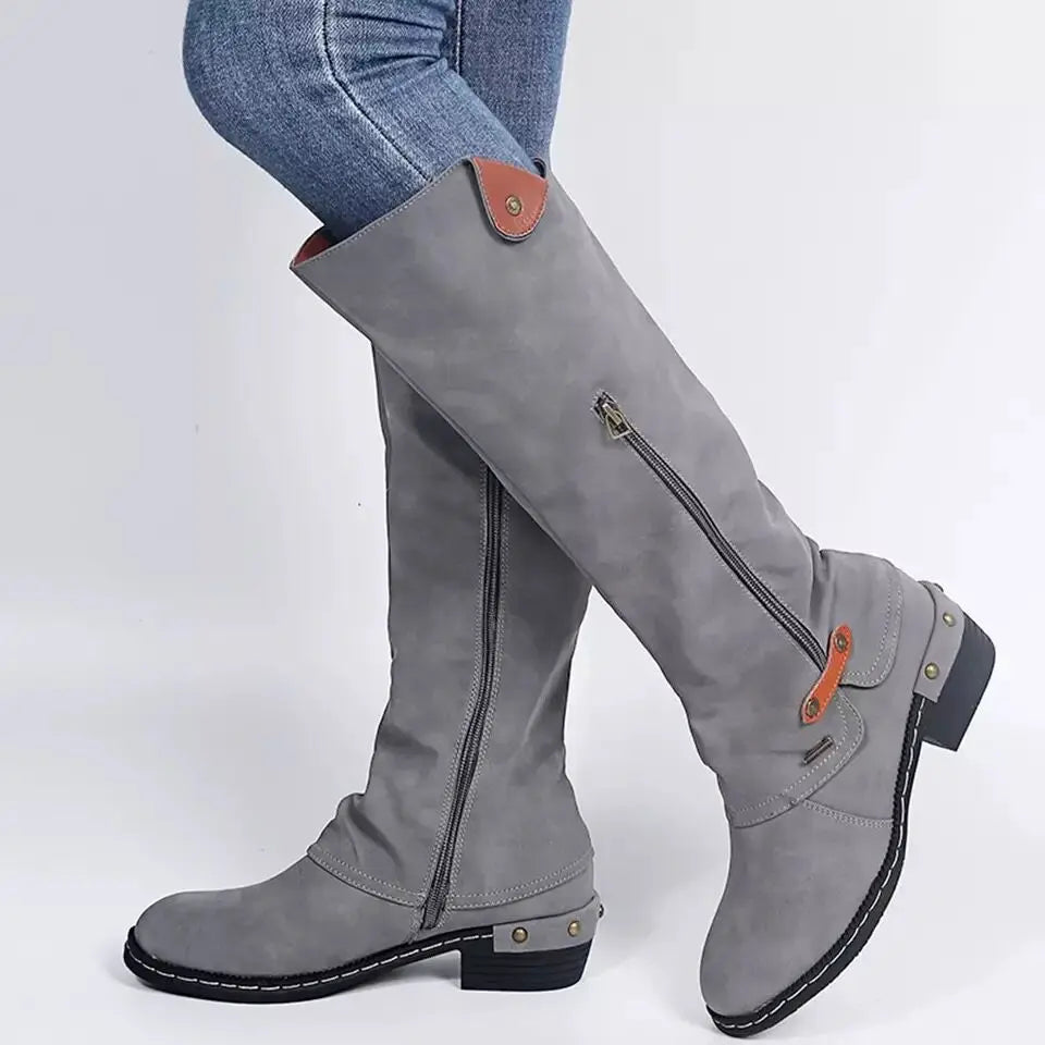 Kirsten - Vintage Knee-High Boots with Zipper Pocket and Rivet Chunky Heel